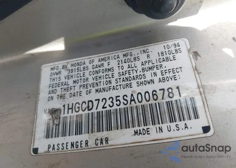 1995 Honda Accord Lx from USA, damaged, VIN 1HGCD7235SA006781